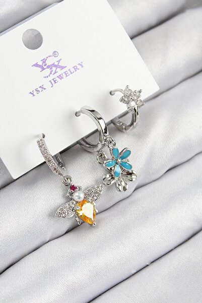 Oflia Zirkon Taşlı 3'lü Arı Ve Çiçek Model Gümüş Renk Kadın Küpe