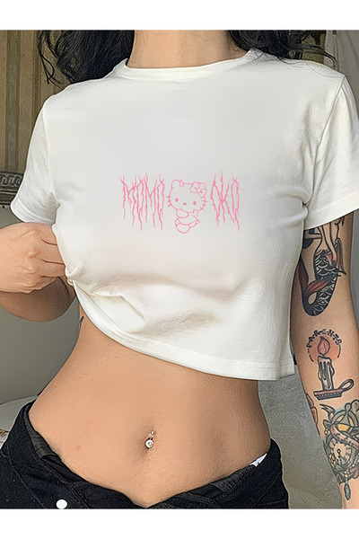 macklin Women's Hello Kitty Printed Crew Neck Baby Tee Crop Tshirt