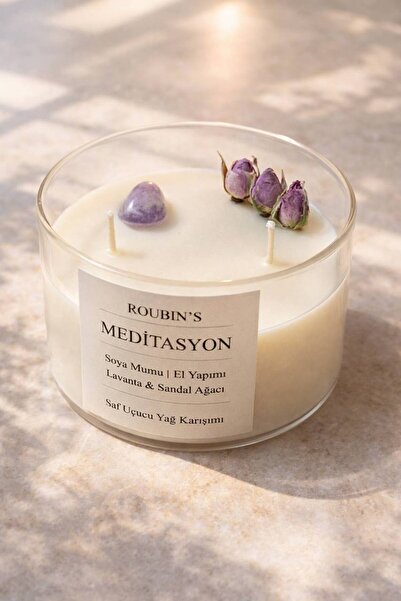 roubins Roubin’s Ametist Doğal Taşlı Soya Mum - Lavanta & Sandal Ağacı - Medi...