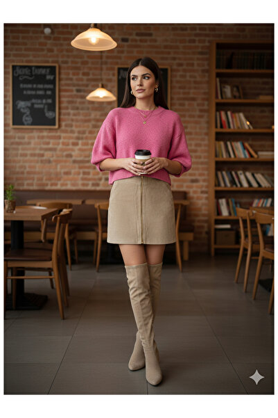 Namaste Vintage Bej renk süet deri fermuarlı mini etek