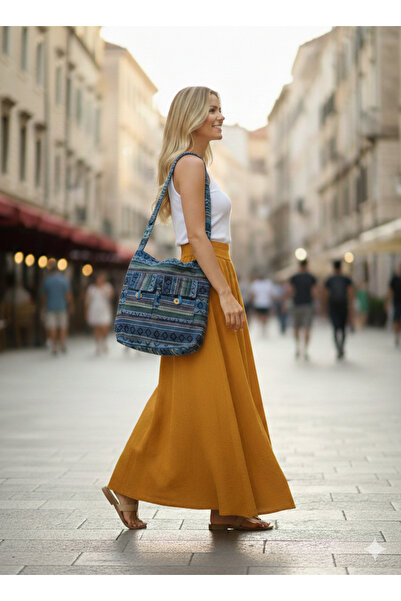 EREN STYLE Ethnic Kilim Patterned Lined Woven Shoulder Bag