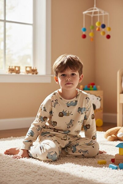 SERRASTIL Boy's Pajama Set Beige Color Lion Elephant Patterned Interlock Fabr...