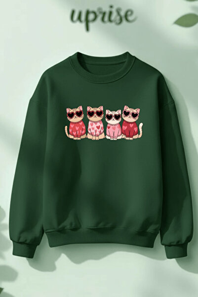 Vordevia Dear Cat Printed Cotton 3 Thread Threaded Crew Neck Oversize Sweatshirt