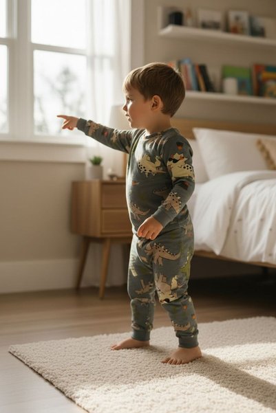 SERRASTIL Boys' Pajama Set Green Dinosaur Patterned Interlock Fabric Long Sleeves