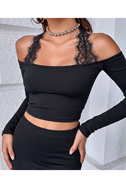 morche Black Lace-Up Gothic Long Sleeve Crop Top