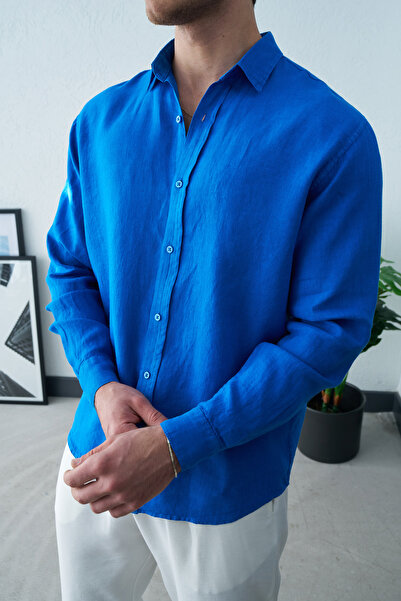 duo fideles Men's 100% Organic Cotton Linen Regular Fit Saks Shirt
