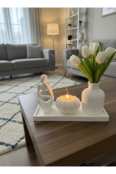 YASMELLA HOME Dekoratif Vazo + Kabak Mumluk + Soyut Figür + Düz Sunum Tepsi (...