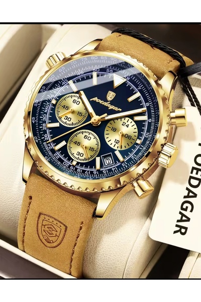 POEDAGAR Blue Color Dial Gold Color Case Luxury Brown Leather Band Men Wristw...
