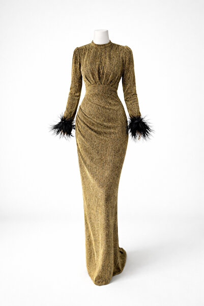 Tarzım Tuba Hardal Simli Tüy Detaylı Drapeli Tesettür Abiye Elbise