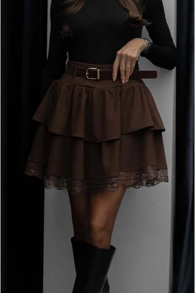 Perry Boutique Women's Brown Belted Lace Detailed Mini Skirt