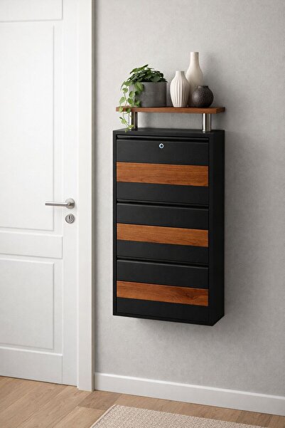 KARLI 3'LÜ KİLİTLİ ANTRASİT METAL AYAKKABILIK ( AHŞAP DESENLİ VE ÜST AHŞAP TA...