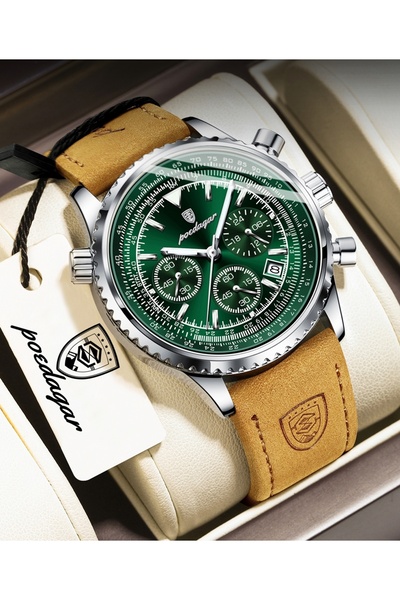 POEDAGAR Emerald Green Color Dial Luxury Brown Leather Band Men Wristwatch