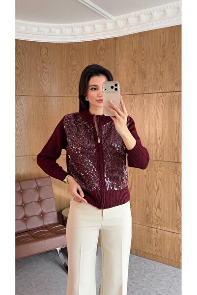 HAZELANNA Burgundy Sequin Cardigan