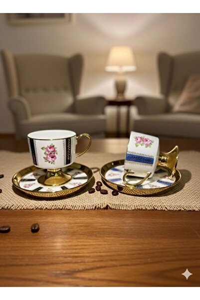 Kosova 2-Person Porcelain Turkish Coffee Cup Set - Black & Navy Blue Floral P...