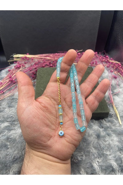 Kttesbihaksesuar 5x8 mm UÇAK CAMI TESBİH BUZ MAVİSİ RENGİNDE ALTIN KAPLAMA PÜ...