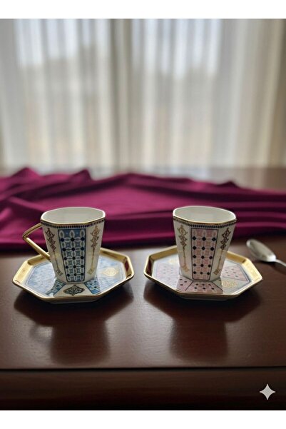 Kosova 2-Person Porcelain Turkish Coffee Cup Set - Pink & Blue Geometric Patt...