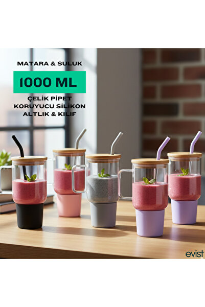 EVİST CAM 1000ML MATARA SULUK BAMBU KAPAK & SIZDIRMAZ SİLİKONLU ÇELİK PİPET K...