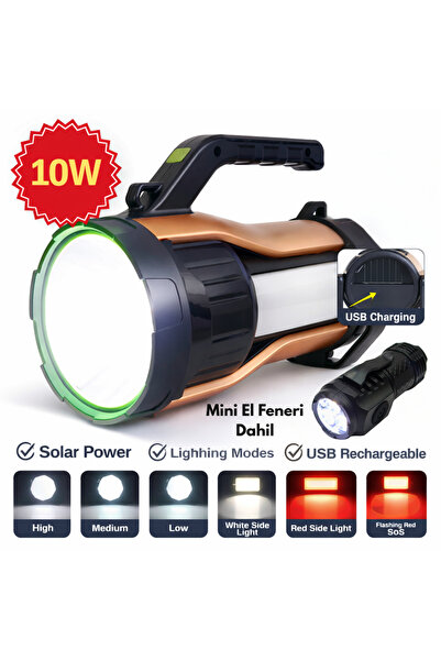 farissu Gold Kama T96 7 Modlu Güneş Enerjili Çok Fonksiyonlu El Feneri Mini F...