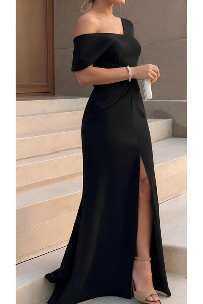 Mostpera Kadın Tek Omzu Açık Kısa Kollu Yırtmaçlı Maxi İthal Krep Elbise