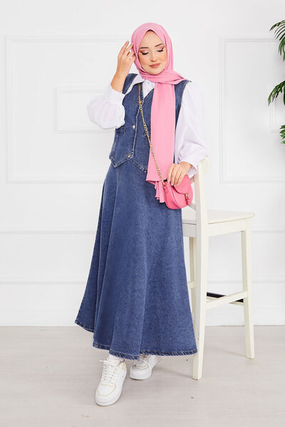 EBRUTESETTÜR Hijab Denim Suit with Vest and Skirt Blue