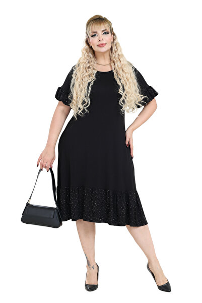 MELSAY Women's Black Ruffled Dress with Stone Print on the Sleeves and Skirt