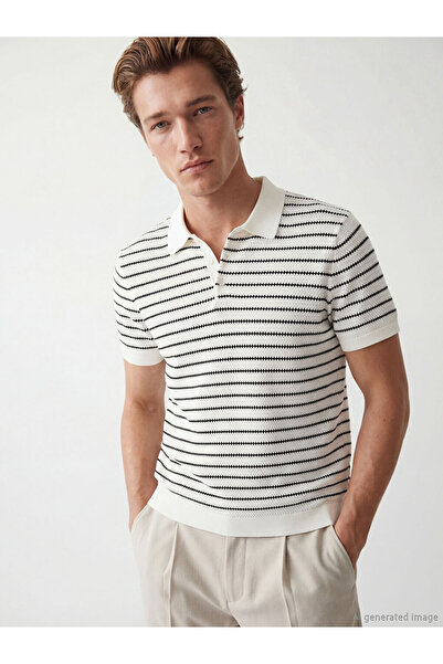 LC Waikiki Ecru Polo Neck Striped Men's Knit Sweater
