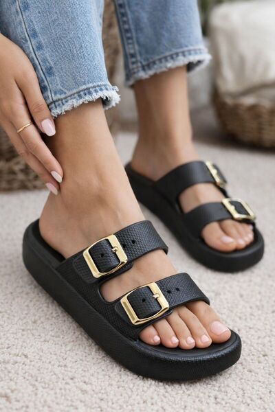 Bermody Papuci negri cu cataramă dublă Eva, cu platformă, de vară, casual, de...