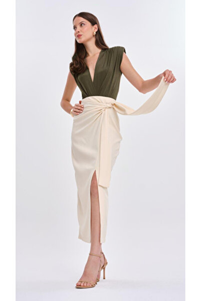 ELİSA Beige skirt with a unique cut and tie - Made in Turkey