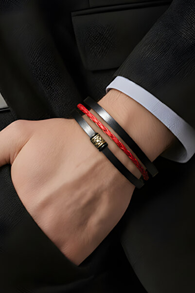 NBS Beautiful Naturel Stones Men's Leather Bracelet with Red Detail and Magne...