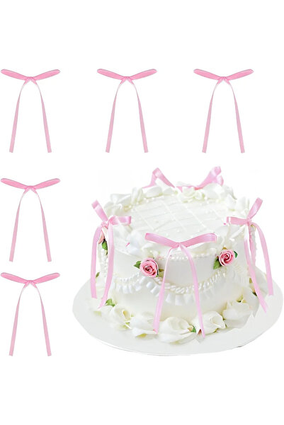 Esram Butik 10 Adet Pembe Hazır Saten Fiyonk Kurdele Pasta, Sunum Doğum Günü,...