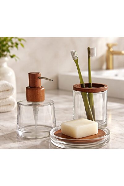 Romans Glass & Natural Wood Bathroom Set 3 Pieces