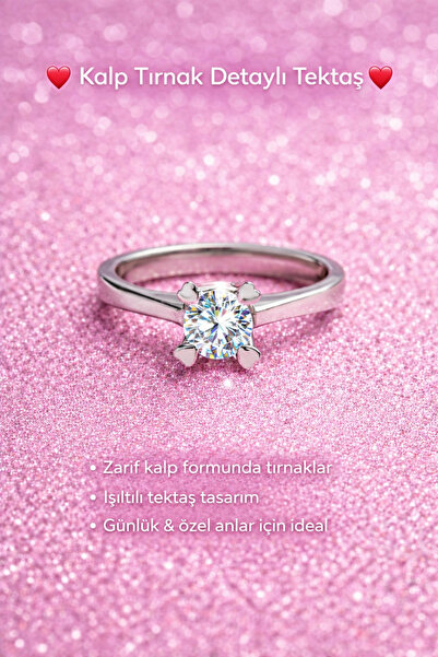 Crystal Diamond Zirconia Kalp tırnak detaylı tektaş yüzük