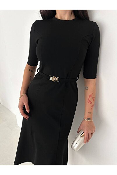 Perry Boutique Γυναικείο μαύρο κοντομάνικο φόρεμα μίντι με λεπτομέρεια ζώνης