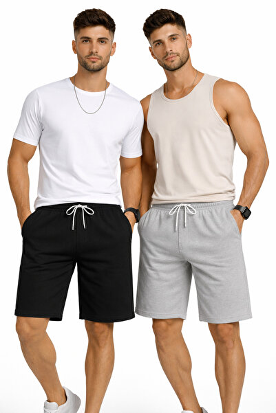 NAKRUF Men's Black-Grey 2-Piece Set Shorts Summer Casual Regular Fit