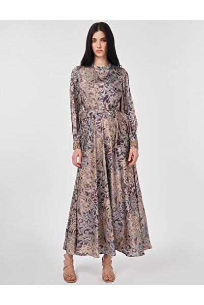 Kayra Etnik Desen Şık Elbise Koyu Oliv
