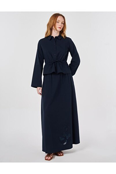 KYR 100% Cotton Embroidered Appliqué Skirt Suit in Dark Navy Blue
