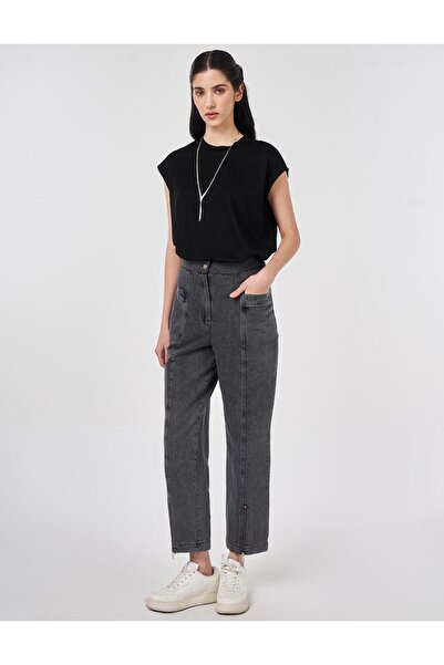 Kayra Washable Zippered Denim Trousers Gray