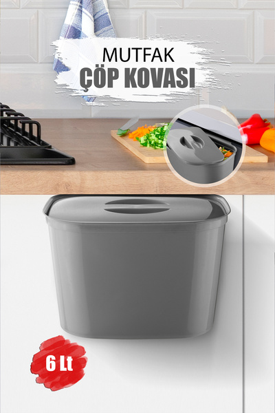 Saatistan Pratik 6L Askılı Çöp Kutusu, Dolap Kapağına Asılır, Tezgah Altı Gri