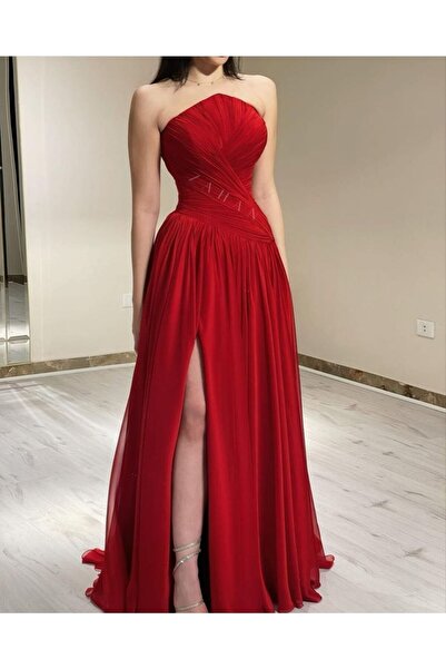 NASMA Red chiffon dress with a unique neckline