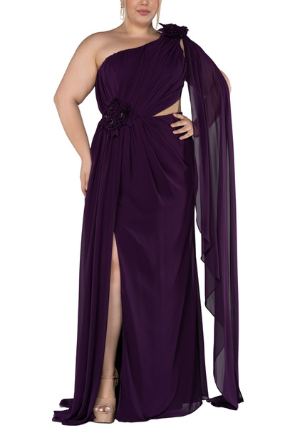 Arden Büyük Beden Uzun Genç Abiye, Şifon Tek Omuz Yırtmaçlı Drapeli Nişan, Me...