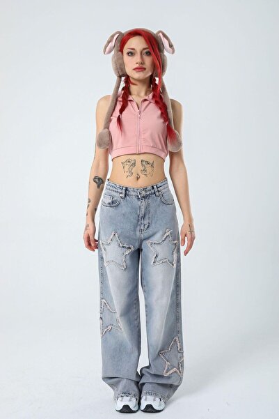 glozmen Retro Yıldız Patch Kadın Baggy Açık Mavi Bol Paça Kot Pantolon