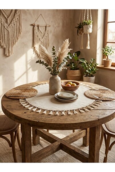 Lilza Home %100 Pamuk Püskül Detaylı Yuvarlak Ham Keten Bohem Runner 60 CM