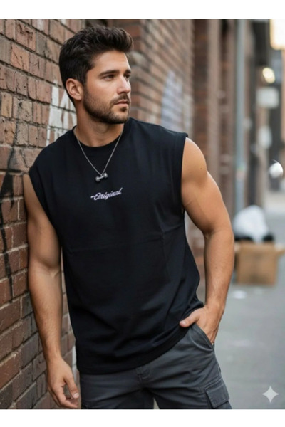 ALCİNOUS Black Printed Training Athlete Oversized Sleeveless T-Shirt