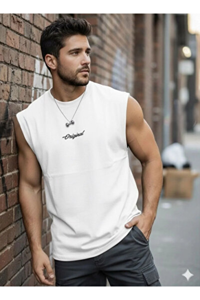 ALCİNOUS White Printed Training Athlete Oversize Sleeveless T-Shirt