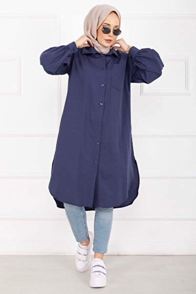 EBRUTESETTÜR Oval Cut Hijab Shirt Tunic Navy Blue