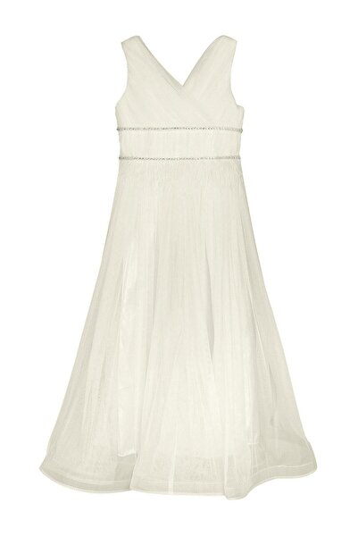 Civil Girls Beli Taşlı Tüylü 6-14 Yaş Abiye - Ekru