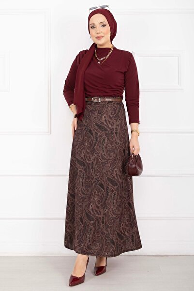 EBRUTESETTÜR Şal Desen Scuba Etek Bordo