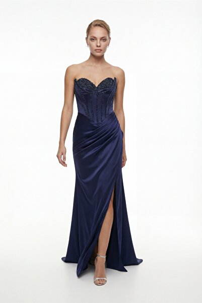 Lafaba Kadın Lacivert Dar Kalıp Straplez Yaka Taşlı Uzun Saten Abiye Elbise