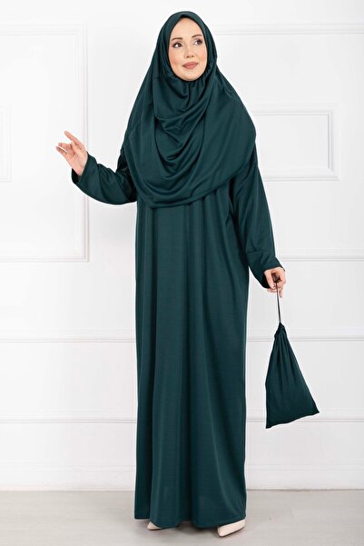 EBRUTESETTÜR Carry Bag Included Hijab Prayer Dress Emerald