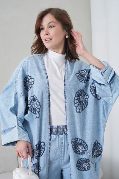Miss Allos Cardigan kimono din denim cu broderie frontală și mărgele pentru f...